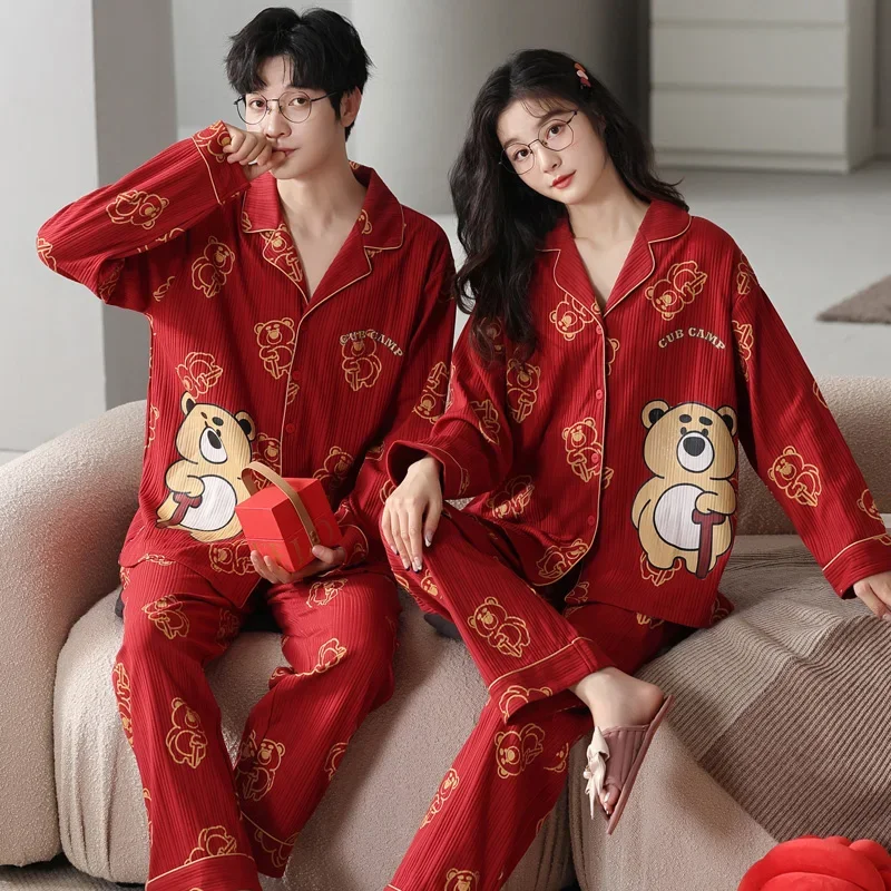 Wedding Red Color Homewear for Couples Spring Cotton Women and Men Matching Nightwear Big Size M-3XL Pijamas Mujer New Years Pjs