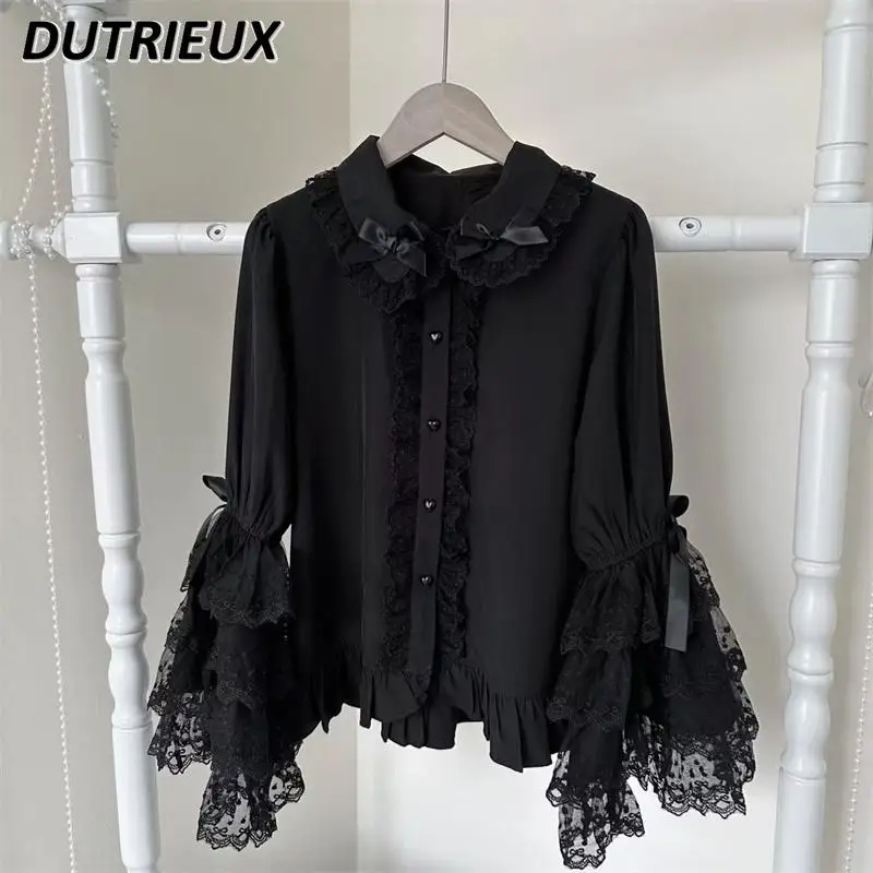 Lolita Style Casual Shirts Sweet and Cute Lace Doll Collar Girl Long Sleeve Tops for Women Spring Autumn Women's Elegant Blouses