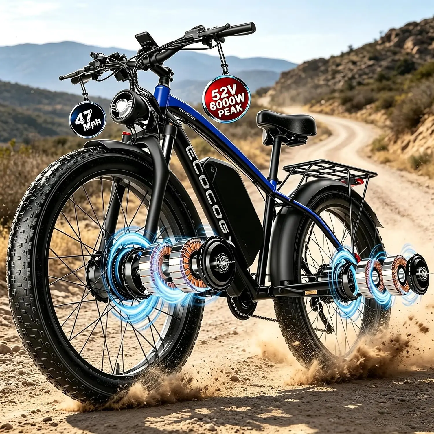 8000W Dual Motor Electric Bike, 52V 32AH 47MPH 110 Miles, 24/26 Inch Fat Tire Off Road Commute Bicycle UL2849, Customized