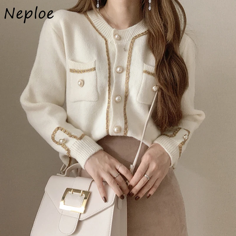 Neploe 2024 Autumn Chic Pearl Button Sweaters Fashion Simple Cardigans Women O-neck Casual All-match Double Pockets Coat 1G715