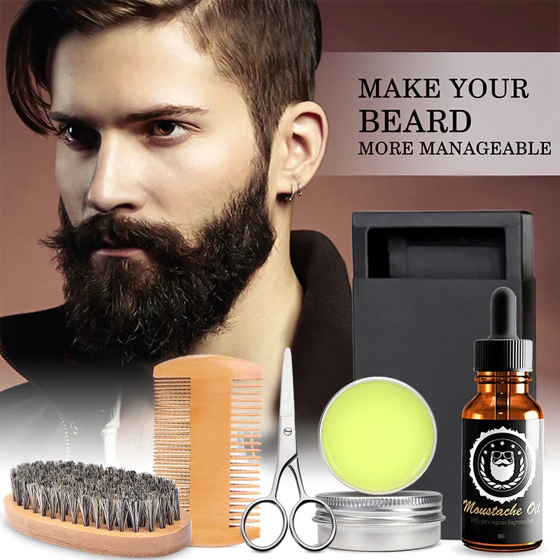 

5Pcs/Set Men's Beard Growth Kit Enhancer Serum Essential Oil Balm Nourishing Beard Grooming Beauty Care With Comb Scissor Brush