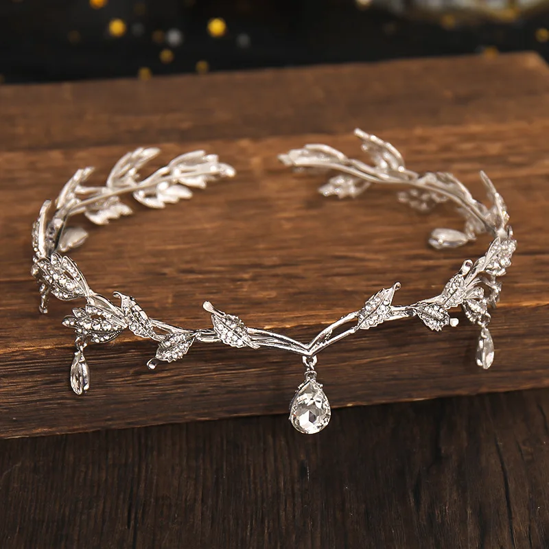 Classic Gold Plated Copper Hairband Headpiece Crown Tiara Headdress Roman Goddess Greek Water Drop Bridal Wedding Jewelry