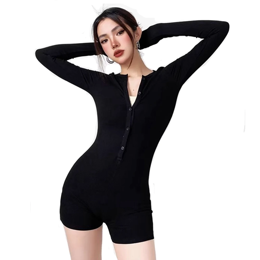 

Women‘s Yoga Jumpsuits Long Sleeve Buttons Slim Fit Stretch One Piece Short Playsuits Romper Sexy Ladie Home Clothes