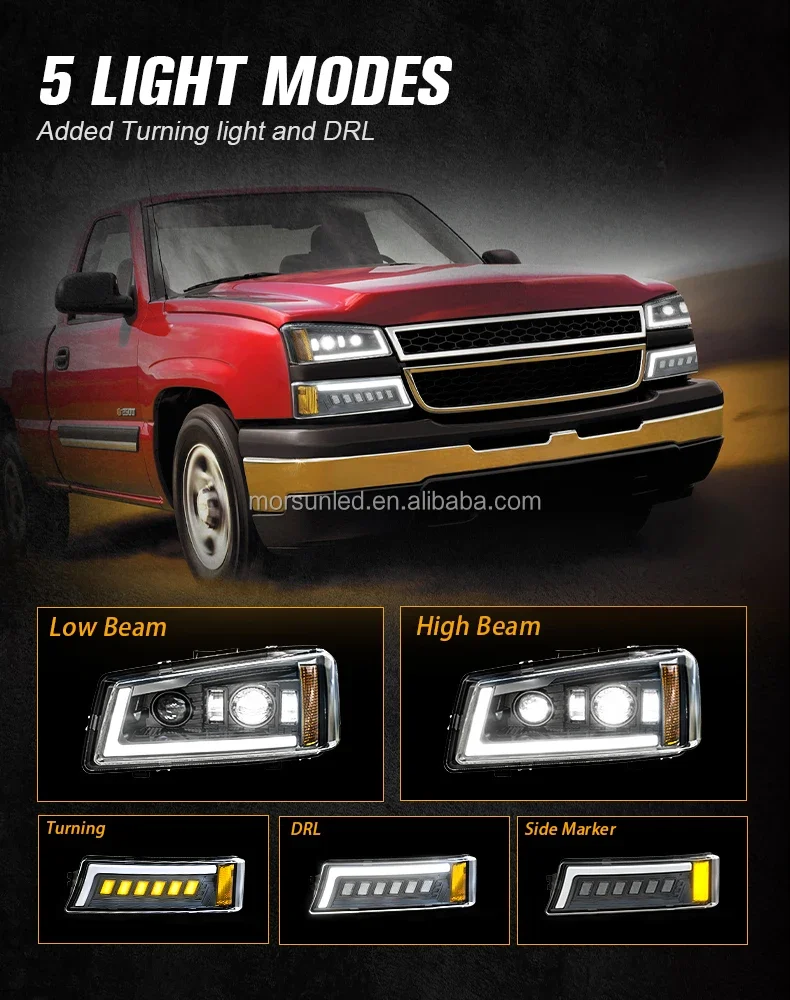 For 2003-2006 Chevy Silverado 1500 2500 3500 Accessories Car LED Headlight Assembly Sealed Hi/Low Beam DRL Turn Signal Light