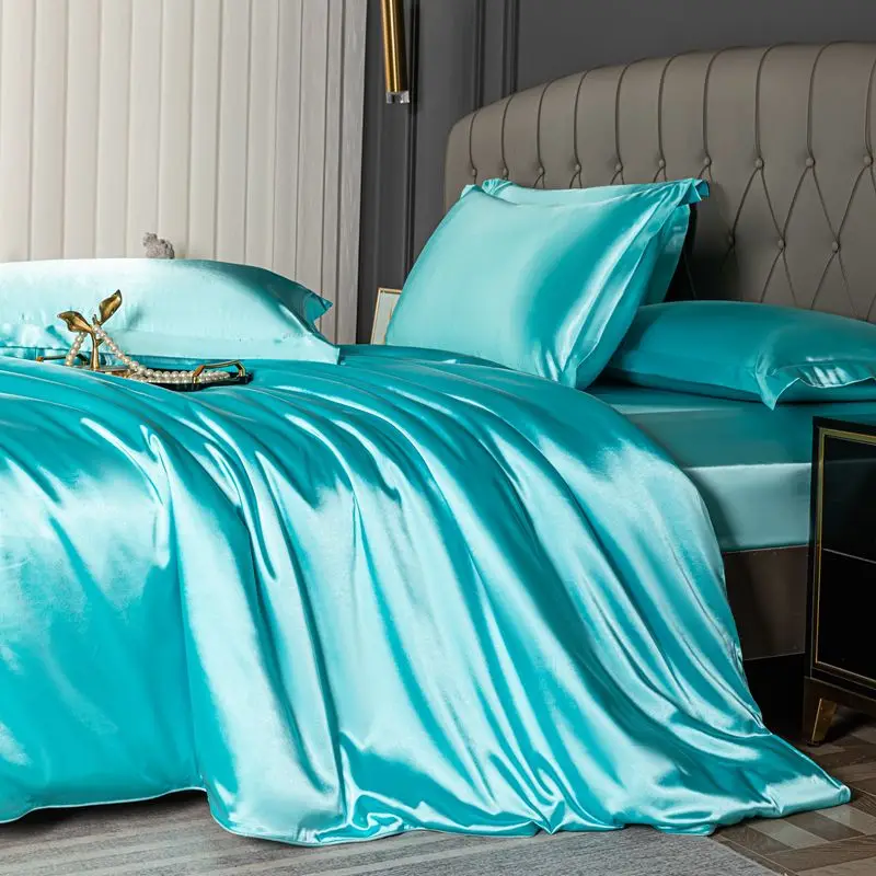 Nordic Satin Silk Bedding Set with Duvet Cover Bed Sheet Pillowcases Luxury Solid Single Double Couple Pillow Case Bedsheet