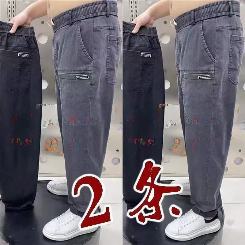 

plus Size Men's Elastic Workwear Jeans Spring Summer Large Pockets Wear Resistant Labor Protection Pants Cotton Stretch Denim