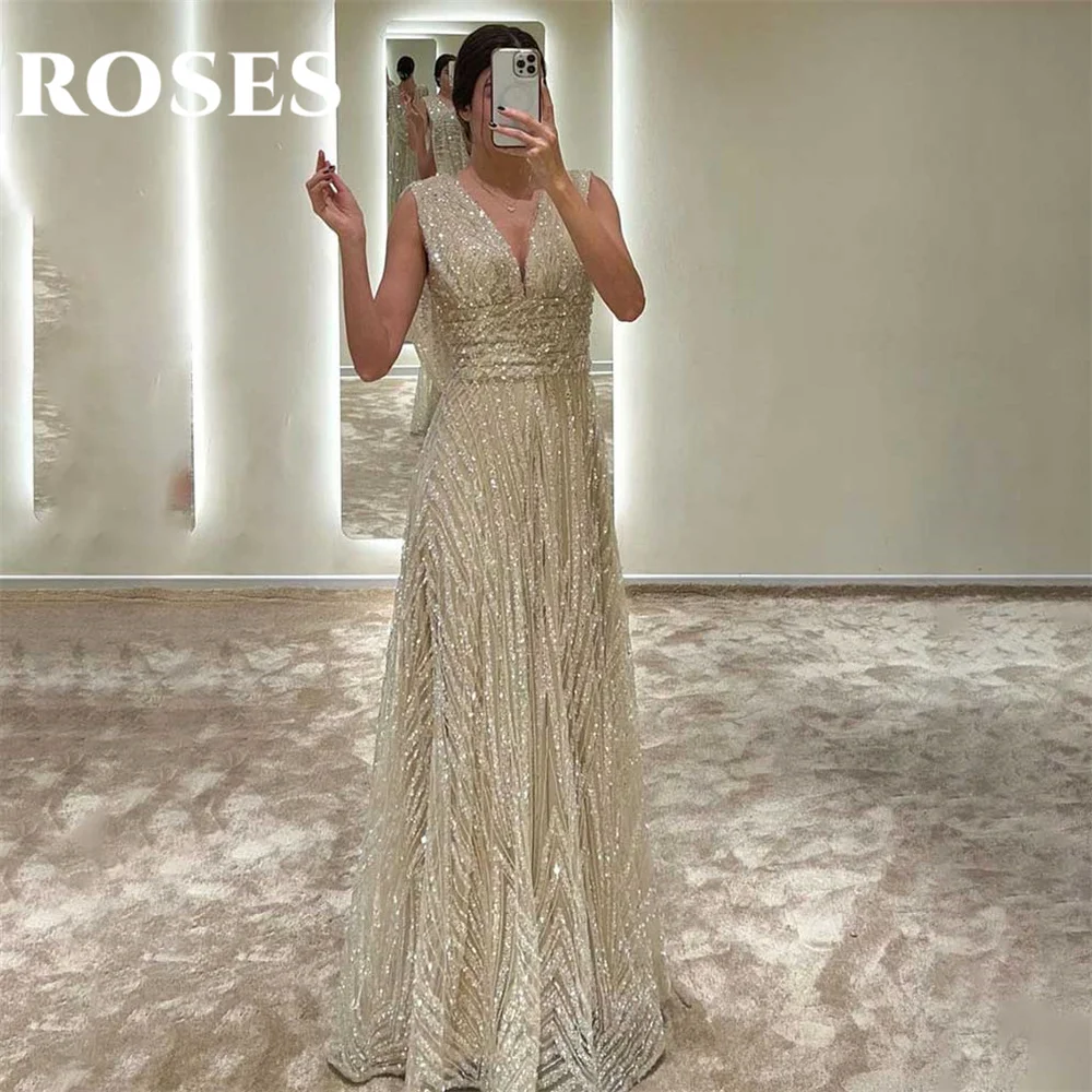 ROSES Simple White Evening Dress Tank Tulle Beach Long Corset Prom Dress with Pleats V-Neck فساتين سهره Sequins Party Dresses