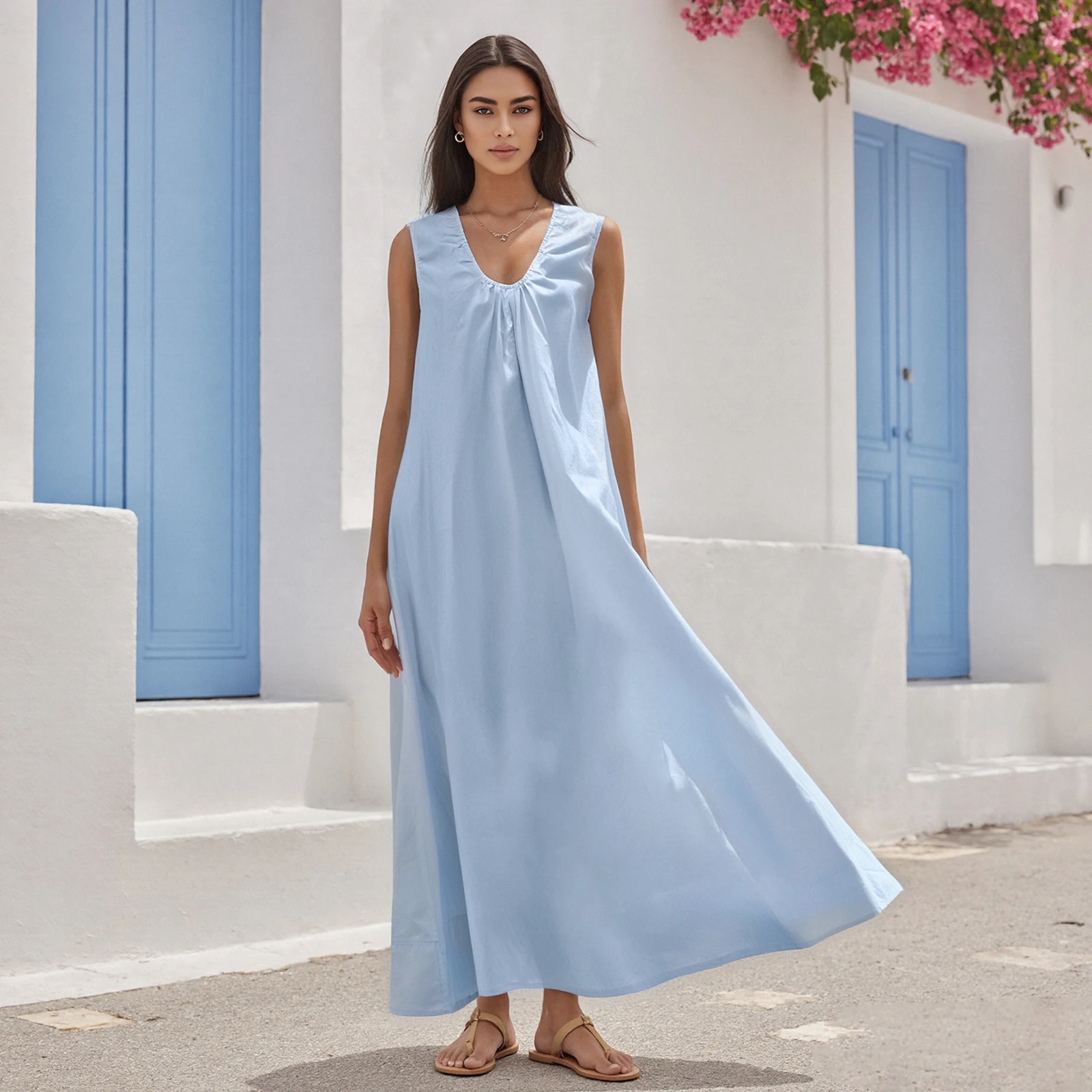 Women's Summer Fairycore Grunge Long Tank Dress Solid Color Sleeveless Scoop Neck Ruched Wide Shoulder Party Holiday Dress