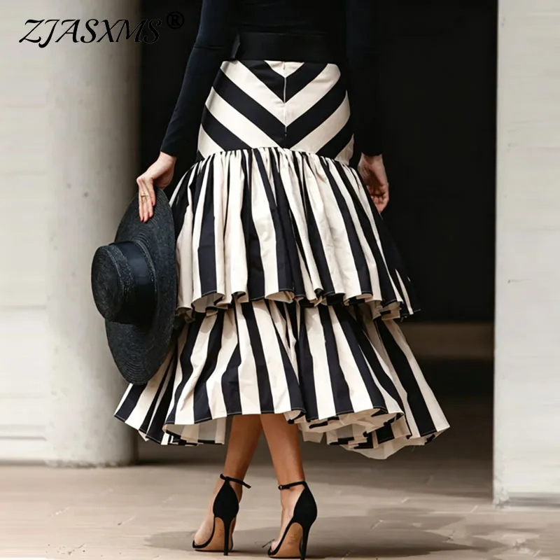 Women Black White Striped Long Skirt High Waist Asymmetric Tiered Ruffle Skirt Irregular Swing Flowy Casual Fashion A Line Skirt