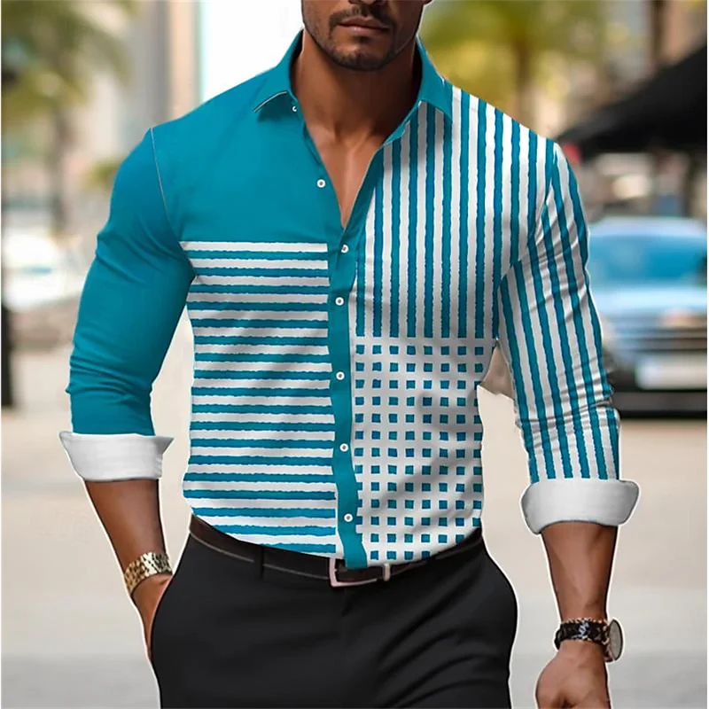 Camicia da uomo con stampa 3D linea di controllo moda e camicia a maniche lunghe con bottoni con risvolto di alta qualità abbigliamento classico da uomo Slim Fit Top