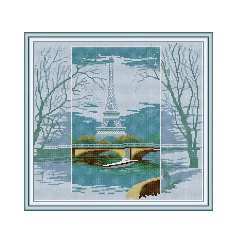 Eiffel Tower cross stitch kit bird winter snow 18ct 14ct 11ct count printed embroidery DIY handmade needlework craft  free ship