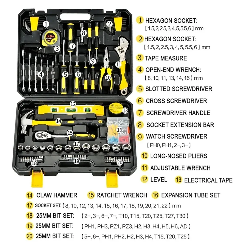 108Pcs/set  Tool Set General House hold Hand Tool Kit with Plastic Toolbox Storage Case Used to Home Repair  And Car repair