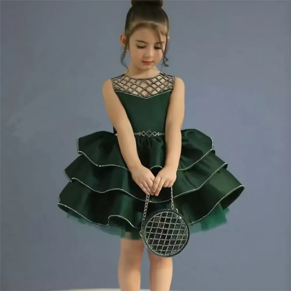 

Customized Flower Girl Wedding Dress Hollow Sequined Sleeveless O Neck with Bow Tiered Puffy Kids Birthday Party Prom Ball Gown