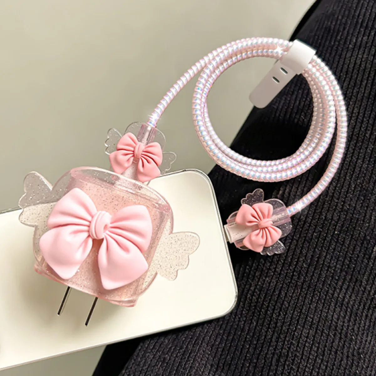 Pink Crystal Angel wings 5pcs Charging Data Cable Protector Winder Accessories For iPhone 18/20w Charger Protective Cover