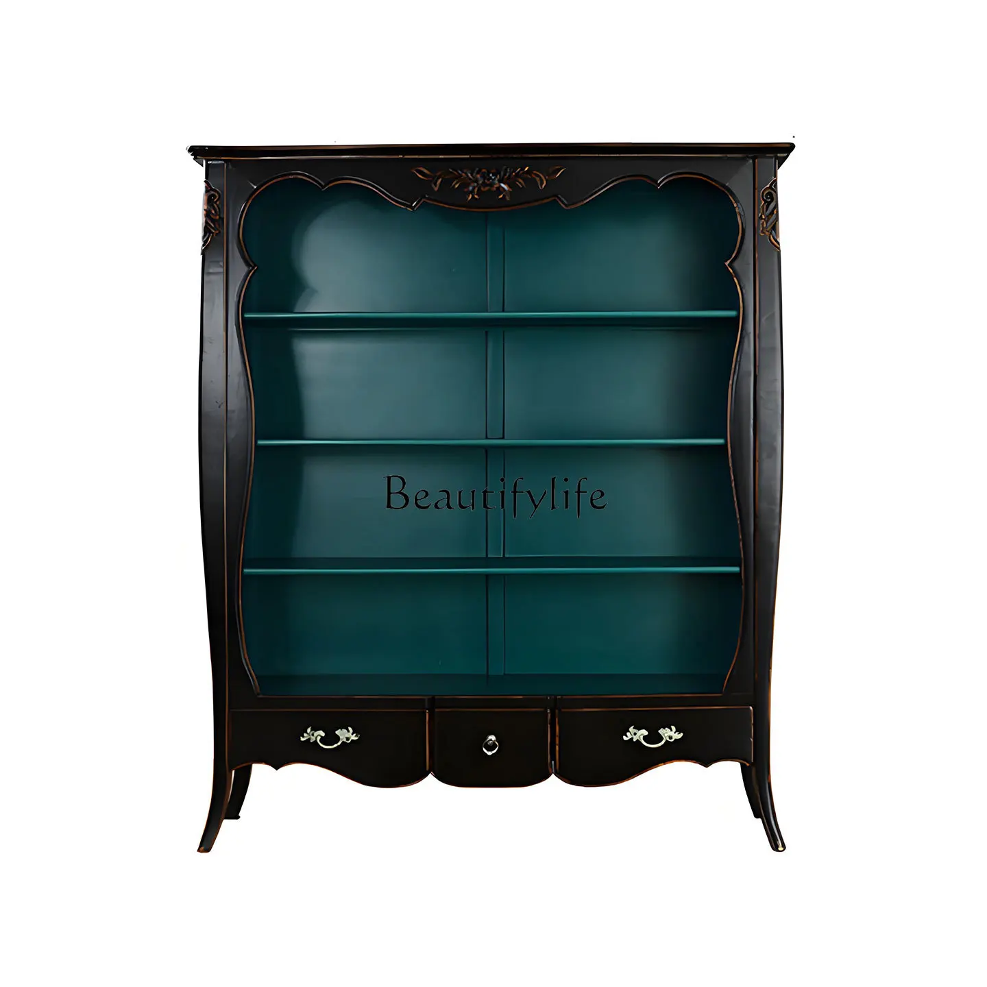 

American solid wood dining side cabinet French homestay small apartment retro carved black storage cabinet