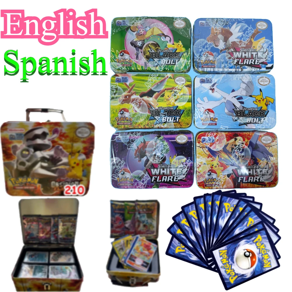 Tarjetas de colección de origen perdido de Pokémon, caja de Metal en inglés y español, juguetes de batalla de hierro con juego de Pikachu, tarjetas bancarias de Anime para niños VMAX