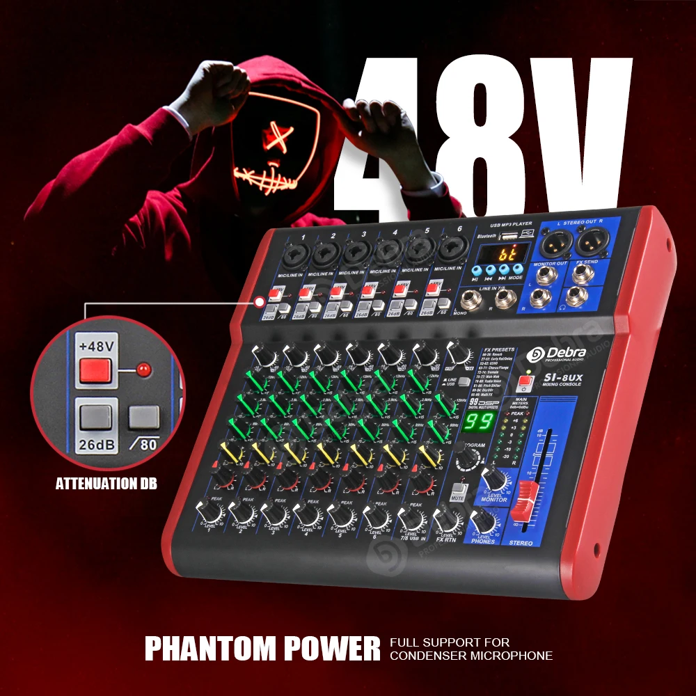 Mixer professionale per console DJ a 8 canali Interfaccia audio 99DSP con connettività Bluetooth per la registrazione musicale Console blu