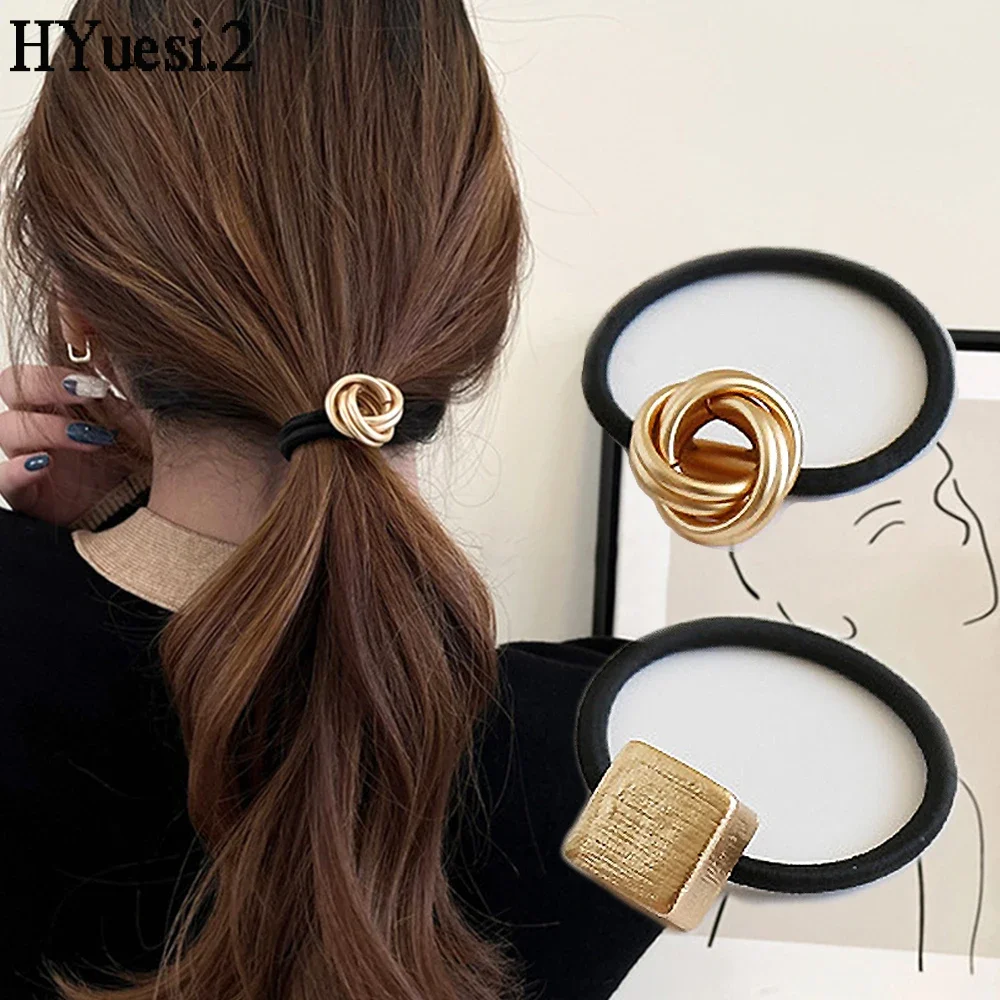 Simple Gold Color Twisted Charms Hair Ties Elastic Metal Geometric Cuff Ponytail Holders Hair Ropes For Women Girls