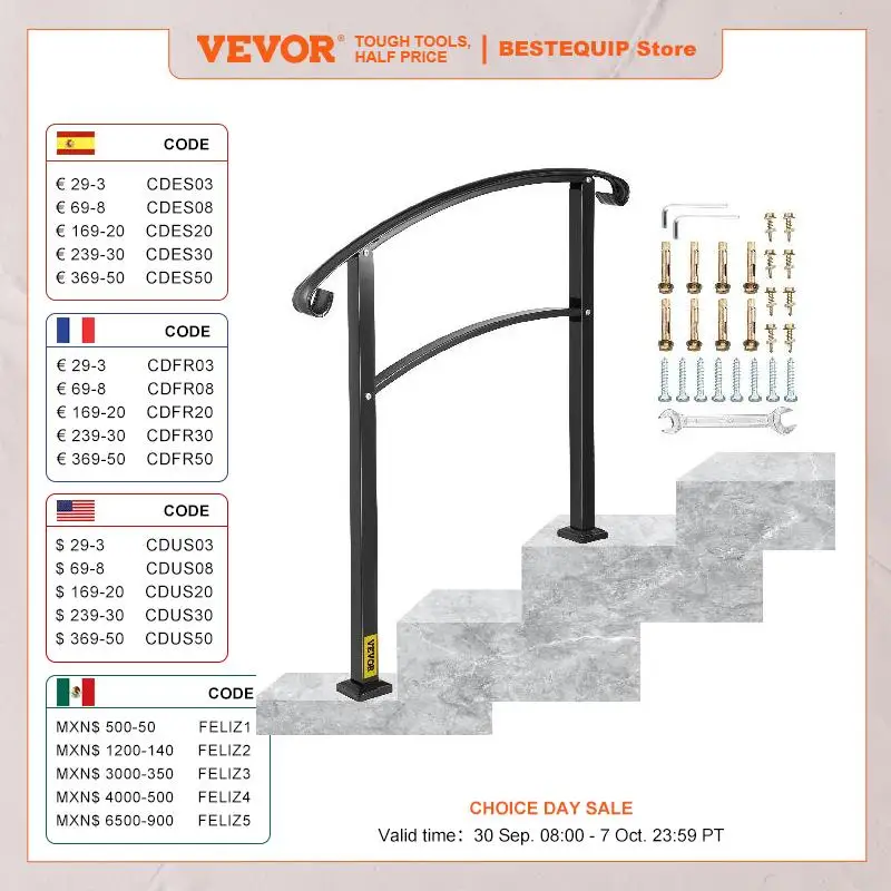 

VEVOR Transitional Iron Step Handrail 1 Or 3 Steps Adjustable White Stair Rail Handrails For Outdoor Steps Wrought Iron Handrail