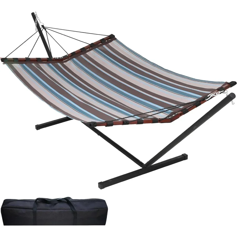 

12FT 2 Person Hammock with Stand Included 55 x 79IN Large Hammock Quick Dry,450LB Capacity for Outside, Patio- Brown Stripes