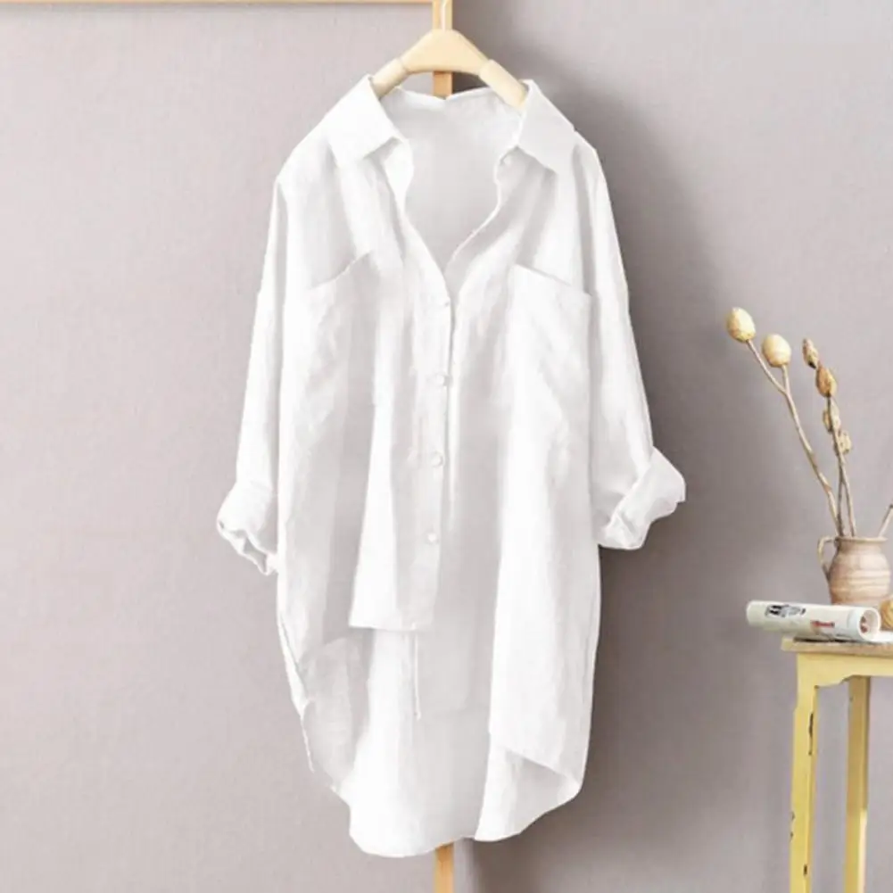 Women Blouses Office Lady Cotton Shirt Loose Fit Long Sleeve Double Pockets Longer Back Hemline Casual Shirt Tops Streetwear