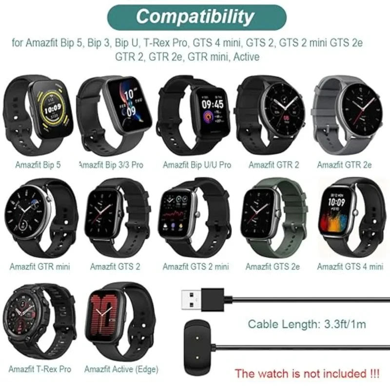 Carregador Rápido USB para Amazfit GTS 2/GTS 2 Mini/GTR 2e/Bip 5/Bip 3/Bip U, Cabo de Carregamento para Smartwatch, Carregadores de Reposição