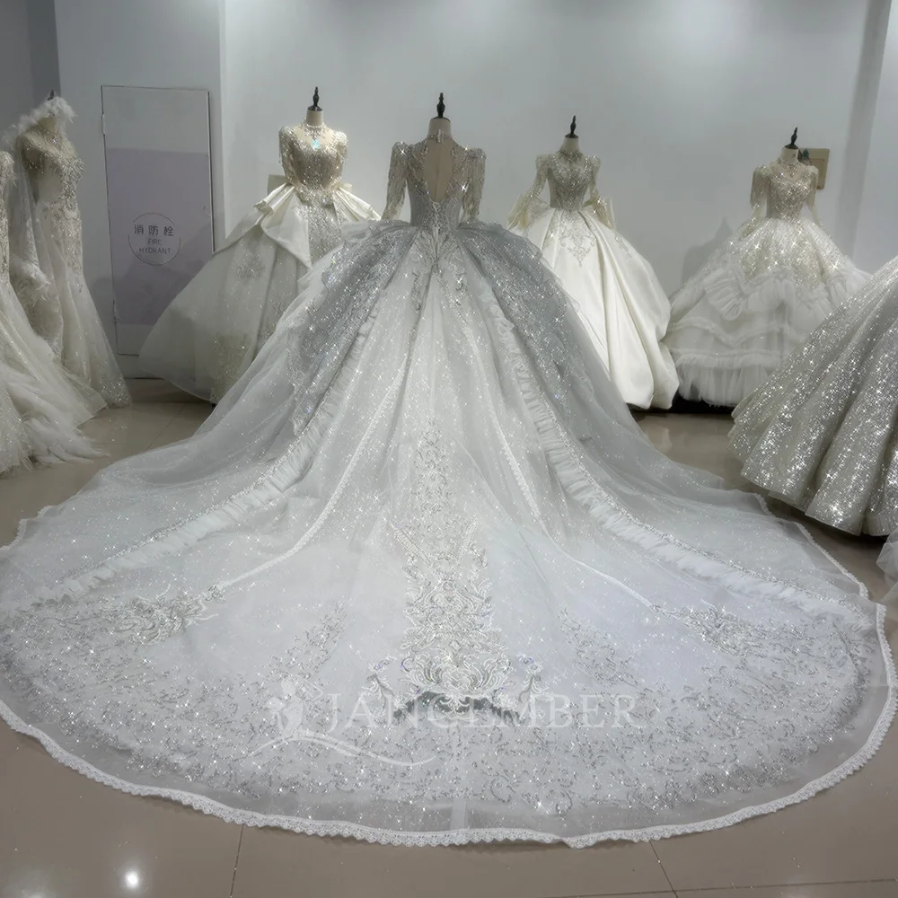 Customize Middle East Shiny Wedding Dress Ball Gown Glitter Long Sleeves Wedding Gown Sweep Train Brides Dress Robe De Mariée