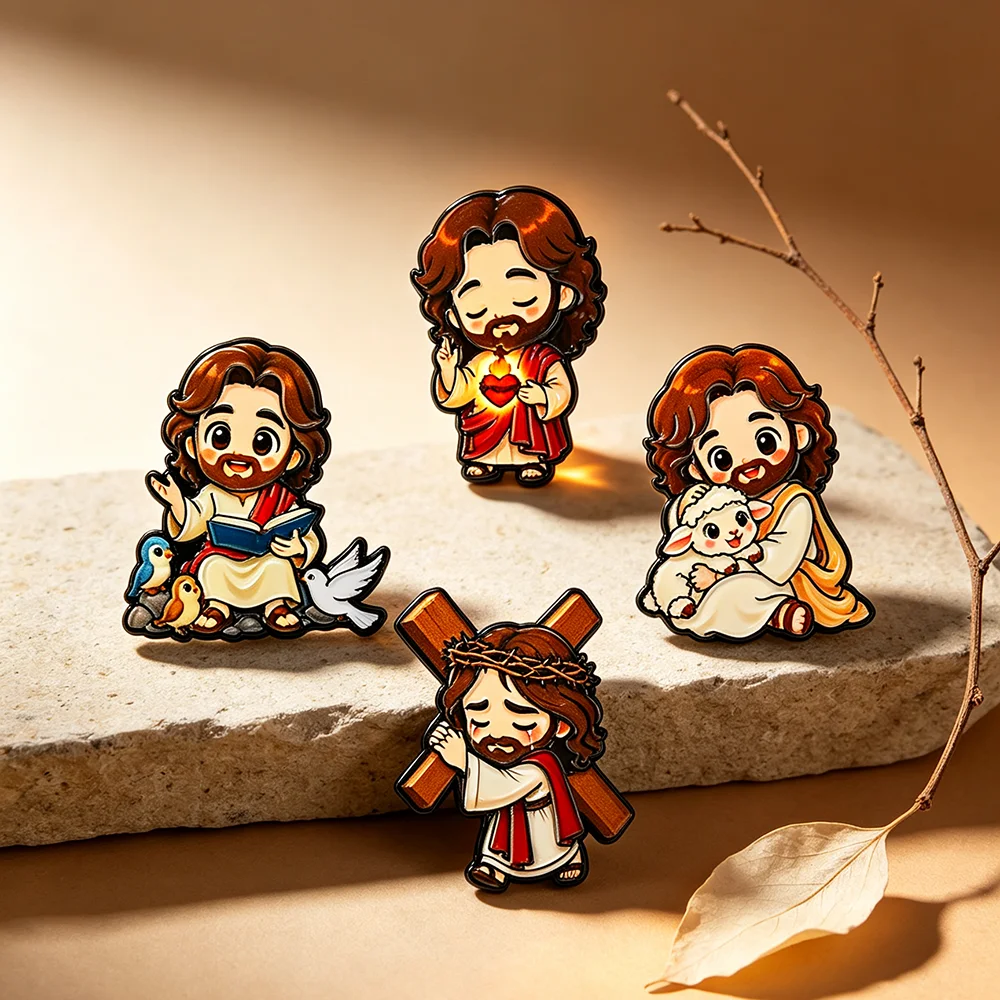Cute Cartoon Jesus Enamel Pin Set - 4 Styles Christian Faith Lapel Brooch Religious Badge Jewelry Gift for Backpack