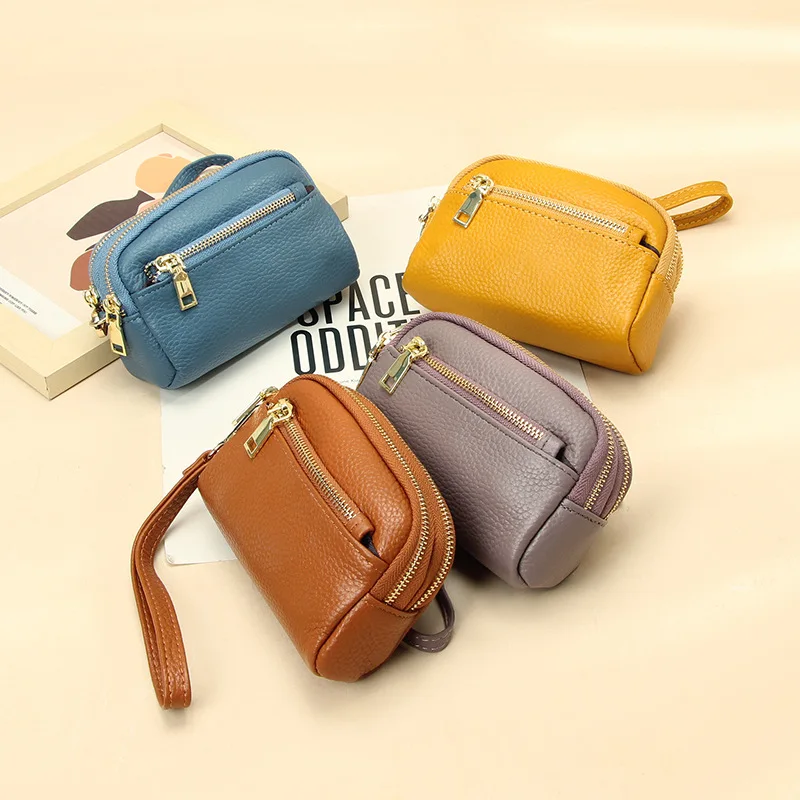 2026 Women's Genuine Leather Triple Zipper Wristlet Coin Purse, Mini Leather Clutch Bag for Holiday Gift & Promotional Giveaways