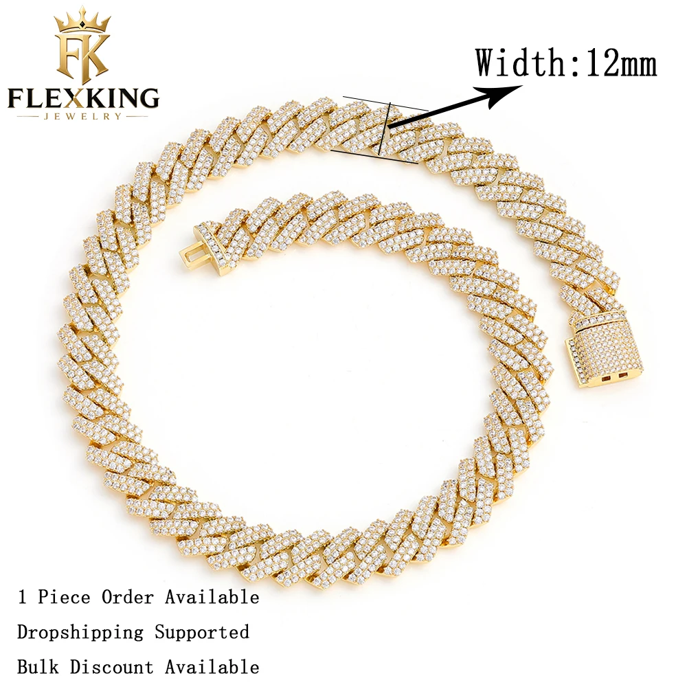 FLEXKING 12/14mm Iced Out Cuban Link Necklace For Men Women Copper 5A Cubic Zirconia Bling Hip Hop Miami Chain Fashion Jewelry