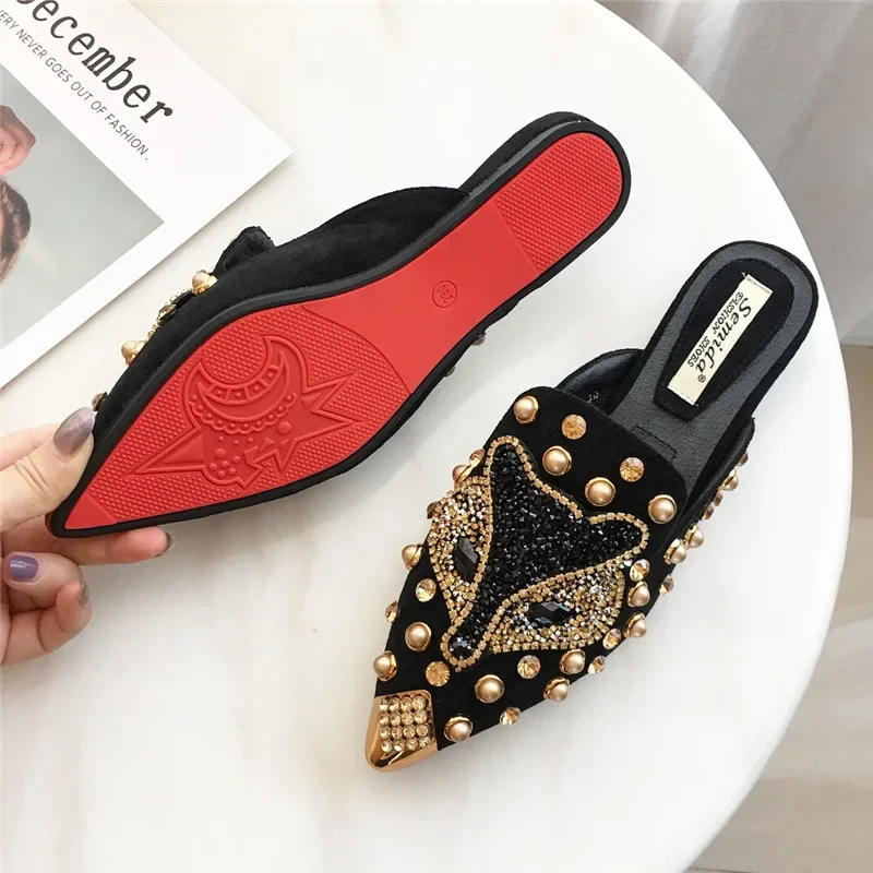 2025 New Shoes for Women Luxury Slipper Girl Outdoor Rhinestone Fox Casual Flat Sandals Girl Heels Pointed Toe Slides