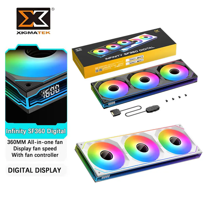 

XIGMATEK Infinity SF360 Цифровой 360-миллиметровый универсальный корпус ARGB Вентиляторы поставляется с контроллером вентилятора 364x124x28,5 мм Дисплей скорости вентилятора