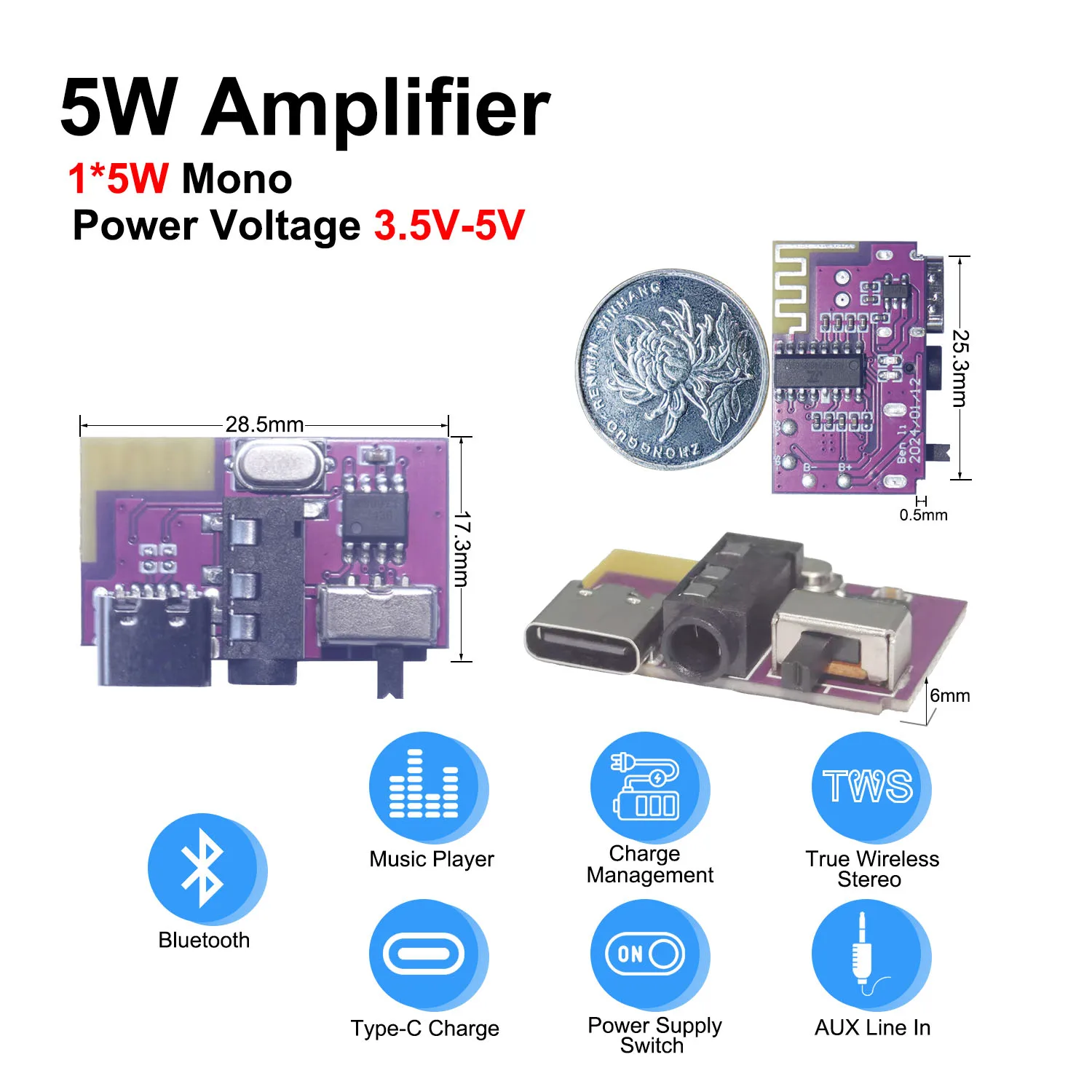 DC 3.5V-5V 5W Bluetooth 5.4 Mono Amplifier Decoder Board MP3 Player TWS 3.5mm AUX Module Receiver DIY Handmade Speaker