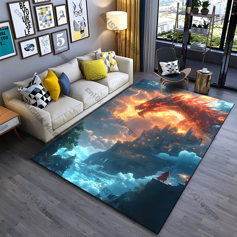 Dragon guarding fiery medieval castle carpet Yoga living room room decor children's crawling mat doormat area rug