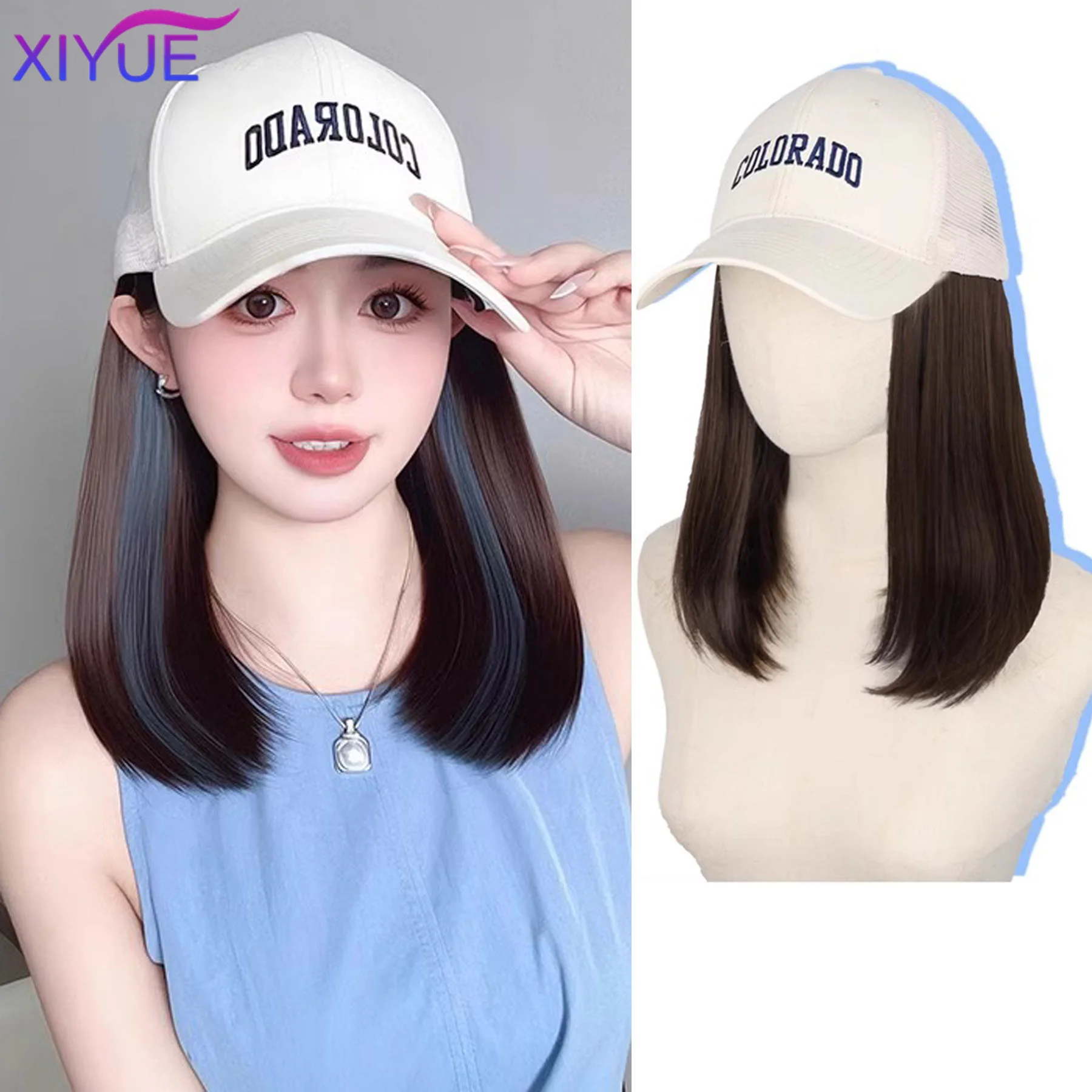 

XIYUE Short Straight Bob Wigs in Hat Adjustable Baseball Cap with Hair Extensions 8 Inch Synthetic Fiber Wigs for Women Girls