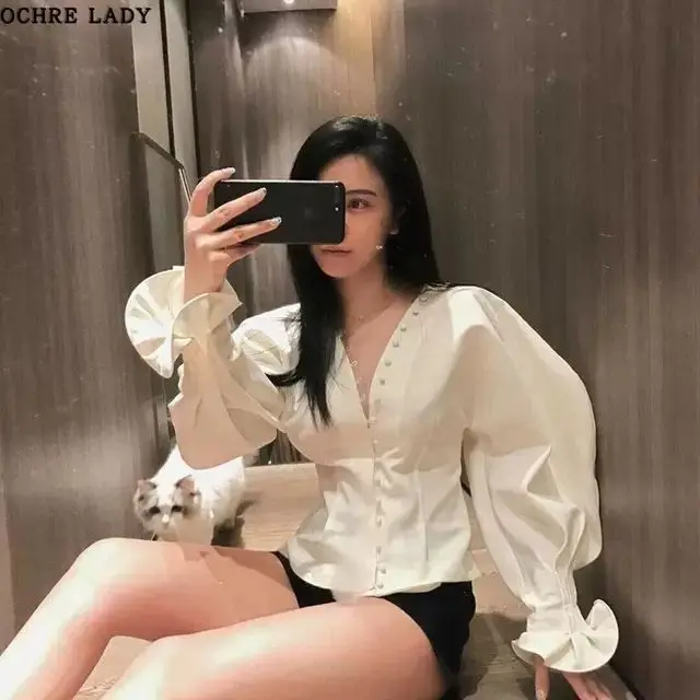 

2025 New White Shirt Women Celebrity Model Same Style Blouse Bubble Sleeve Top Sun Protection Shirt Casual Elegant Women Fashion