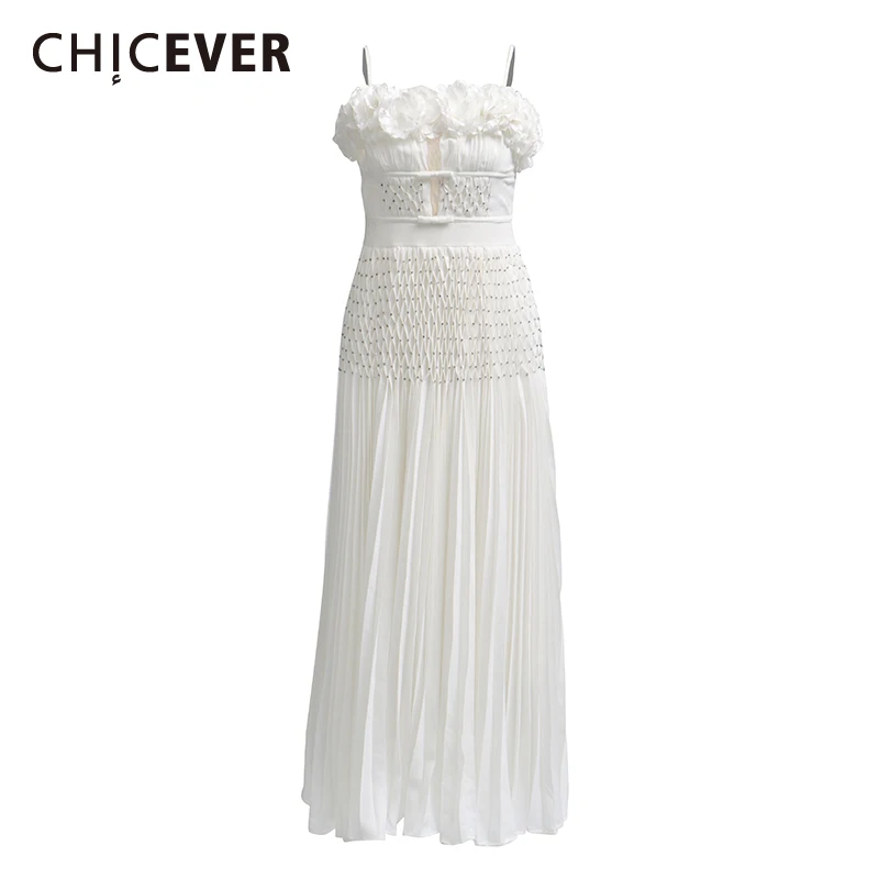 

CHICEVER Evening Spliced Appliques White Dresses for Women Square Collar Sleeveless High Waist Temperament Dress Female Fashion