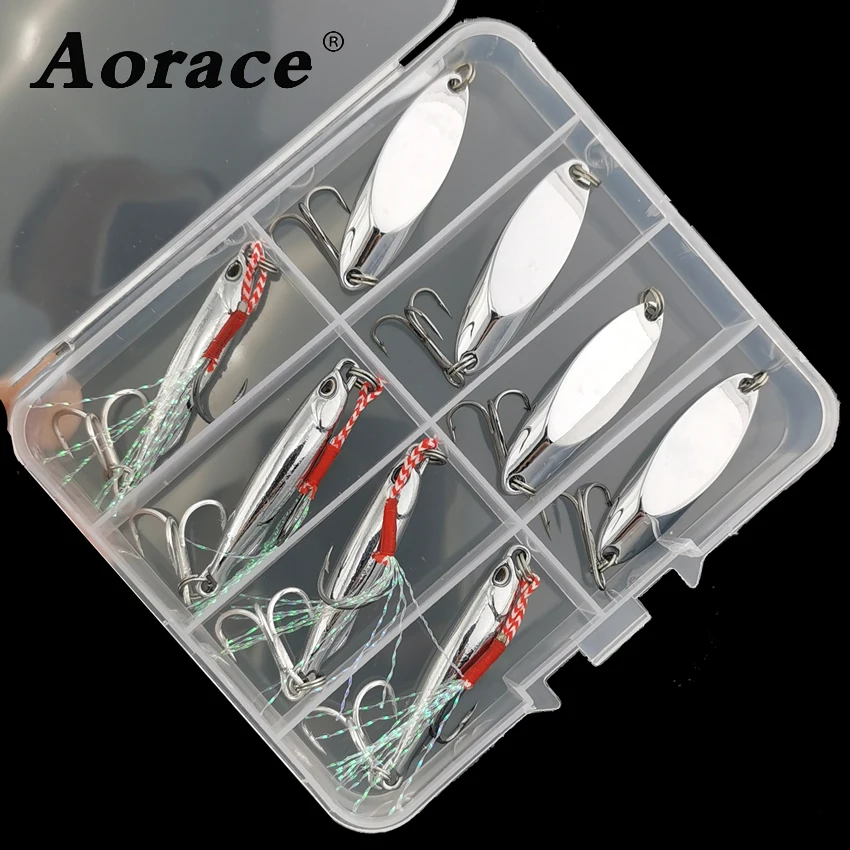 Aorace 8 قطعة/المجموعة الشظية المعادن تهزهز ملعقة سبينر الصيد إغراء المتذبذب الطعم مجموعة مع صندوق معالجة الصيد عدة لصيد الأسماك