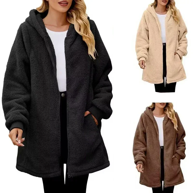 Women Hooded Jacket Plush Solid Color Hooded Coat Casual Autumn And Winter Outerwear Women Clothes