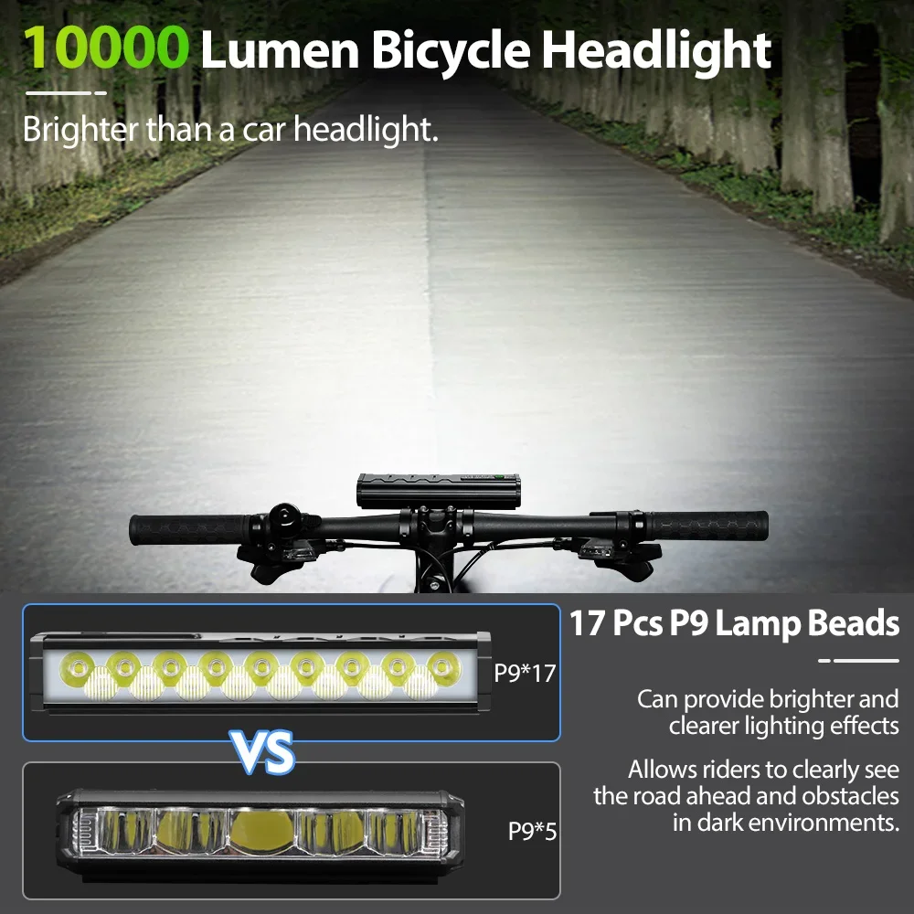 Luz de bicicleta de 10000mAh, 17 LED, doble soporte frontal, Banco de energía, lámpara para bicicleta de montaña MTB, faro para bicicleta, accesorios para ciclismo