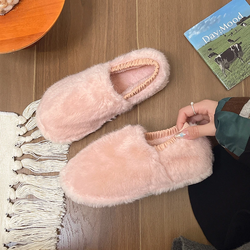 

Plush Cotton Drag Winter New Round Toe Deep Mouth Soft Sole Non-slip Wear-resistant Flat Shoes