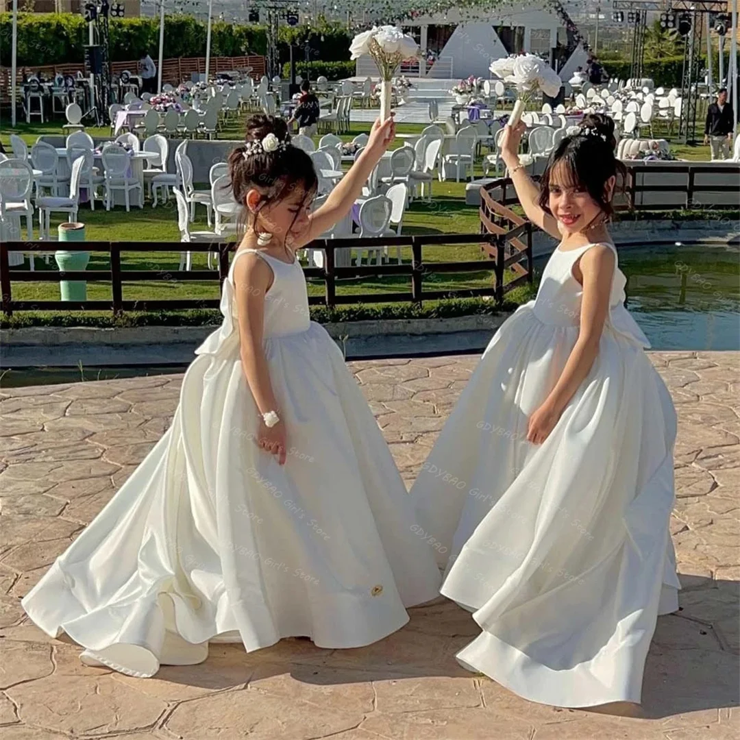 Sukienka komunijna z białą sukienką dla dziewczynki sypiącej kwiatki na wesele, rozmiary 2-14, dekolt okrągły, odkryte plecy, pierwsza kokarda/tren, sukienka na przyjęcie urodzinowe szyta na miarę.