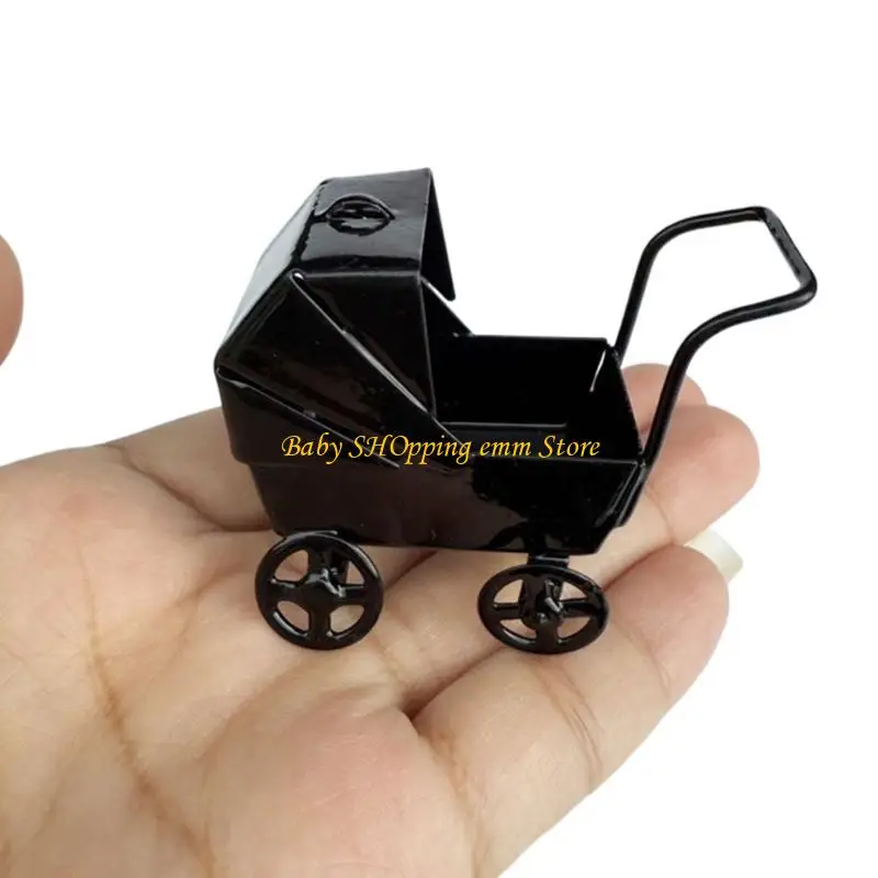 23GD Preto Pram 1:12 Modelo Realista Mini Berço Decorativo Pretend Play Toy