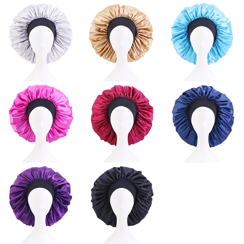 New Satin Sleeping Women Hat Bonnet Hair Care Wide Band Night Sleep Cap Salon Makeup Elastic Muslim Hijab Head Cover Bath Cap