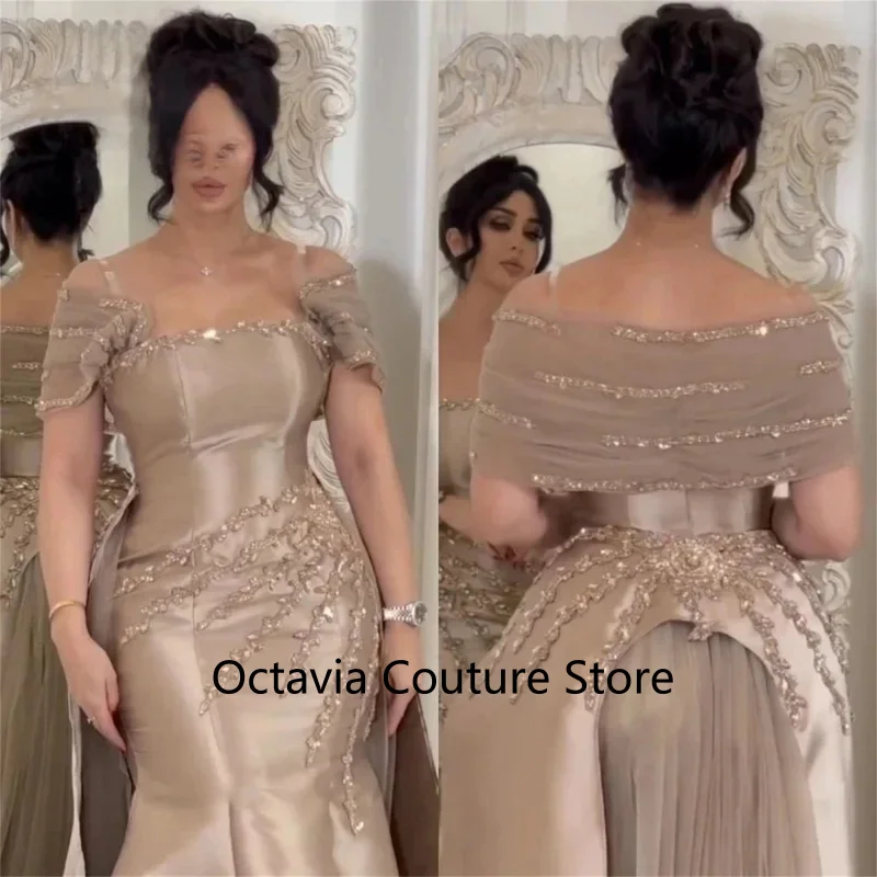 

Customized Saudi Women's Evening Dresses for Special Occasions Champagne Satin Prom Dresses 2025 Beads Party Luxurious