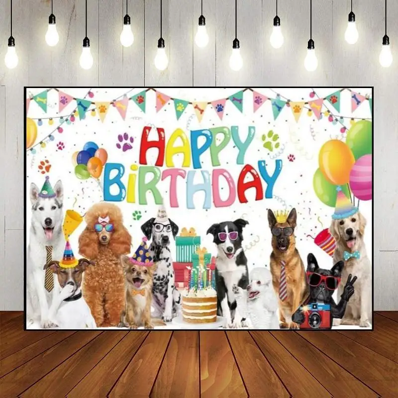 Photography Backdrop Happy Birthday Decoration Dog Theme Banner Baby Shower Party Pet Wall Owner Let's Pawty Custom Cartoon