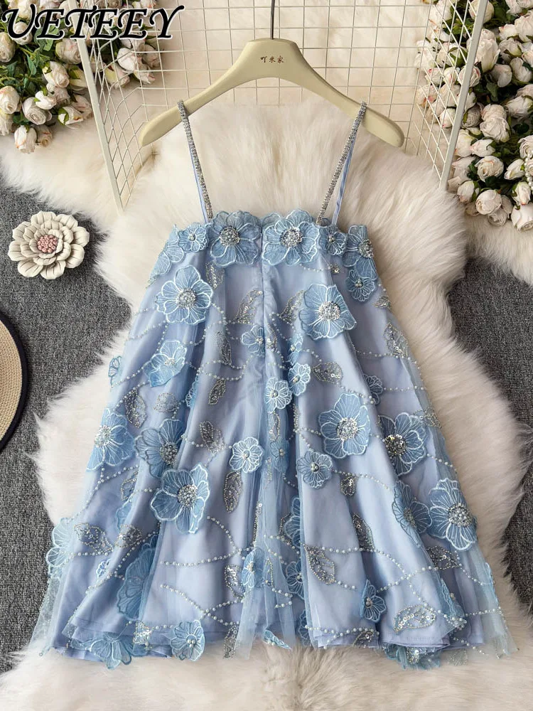 

Summer New Heavy Industry Flower Diamond Bead Celebrity Light Luxury Sleeveless A-shaped Dress Women's Loose Short Dresses