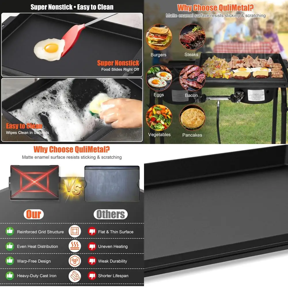 Plancha de hierro fundido esmaltado de porcelana mate de 23 x 16 para parrillas de gas y carbón, placa superior plana universal grande con paredes laterales altas