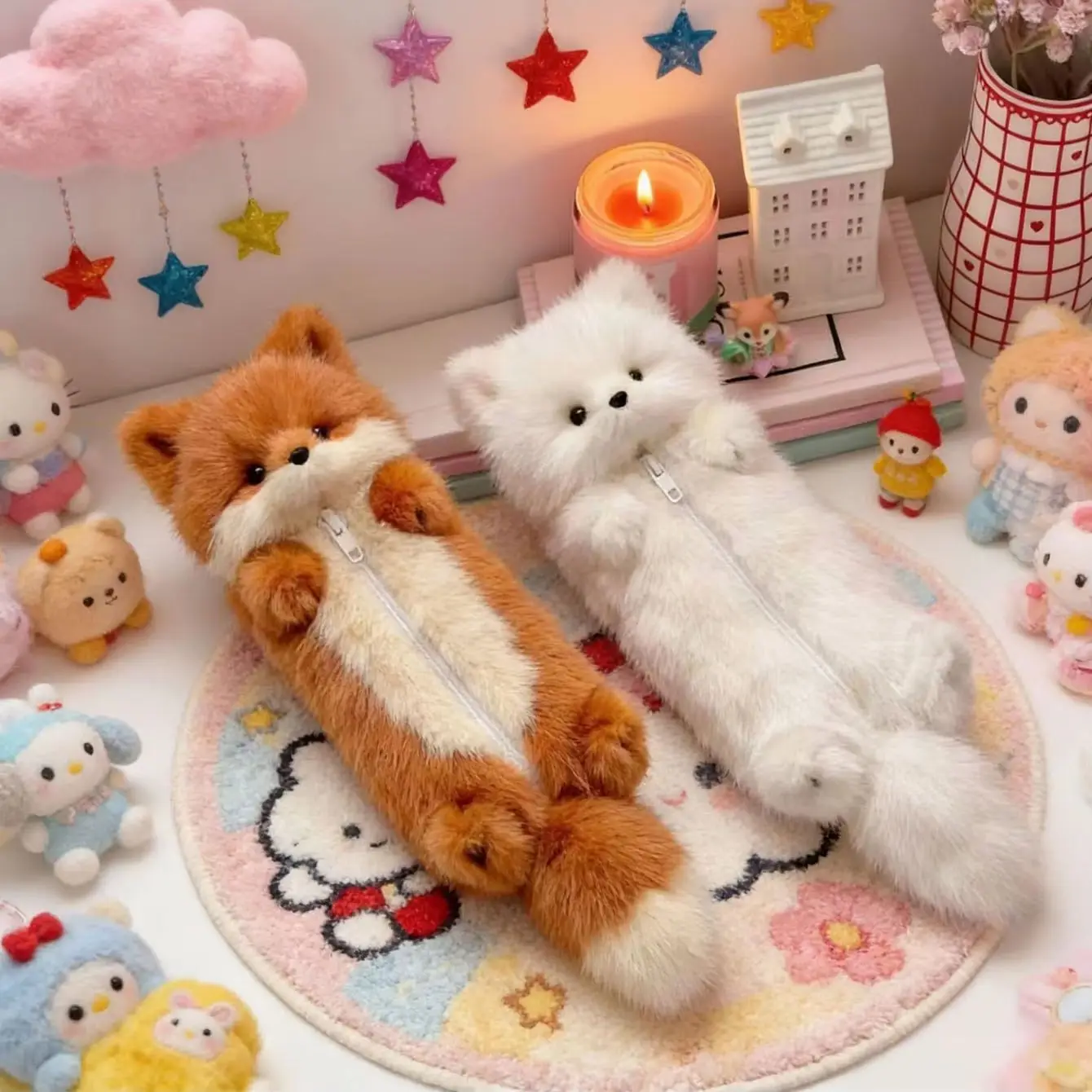 Plush cute little fox plush pencil case zipper bag stationery storage bag large capacity stationery storage bag