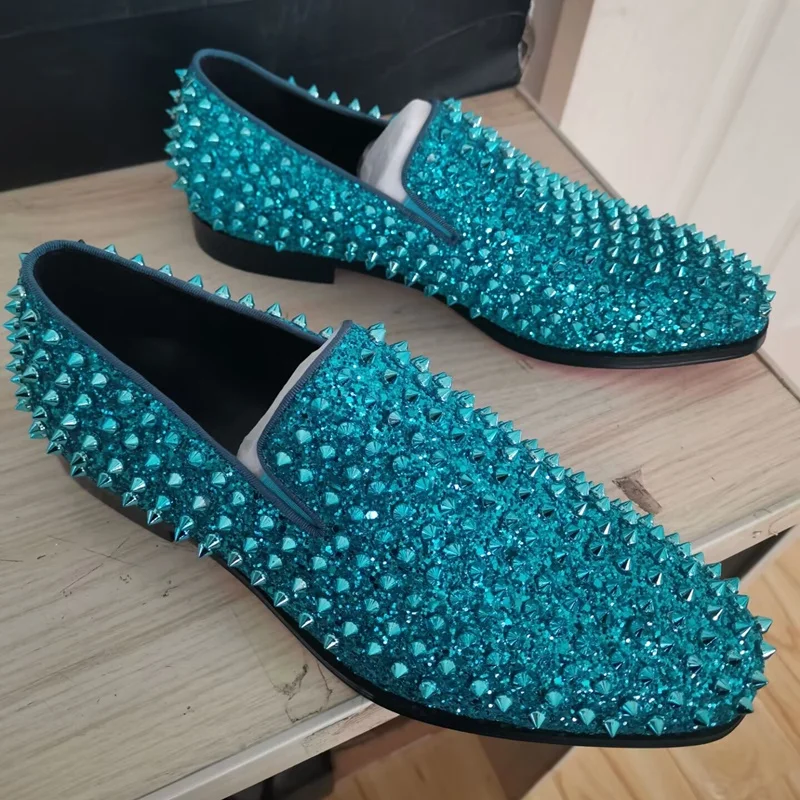 

Stylish Spikes Loafer Bling Sequins Shoes Rivet loafers Men Dress Shoes Handmade Slip On Party And Wedding Shoes